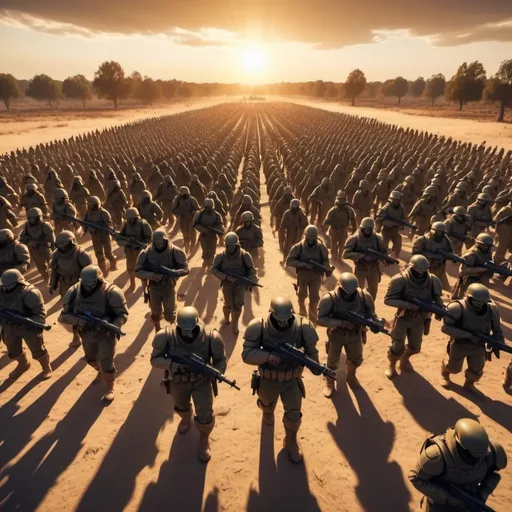 Prompt: Lawful Good army at war with enemy Chaotic Evil army, overhead golden hour lighting, extra wide angle field of view, infinity vanishing point