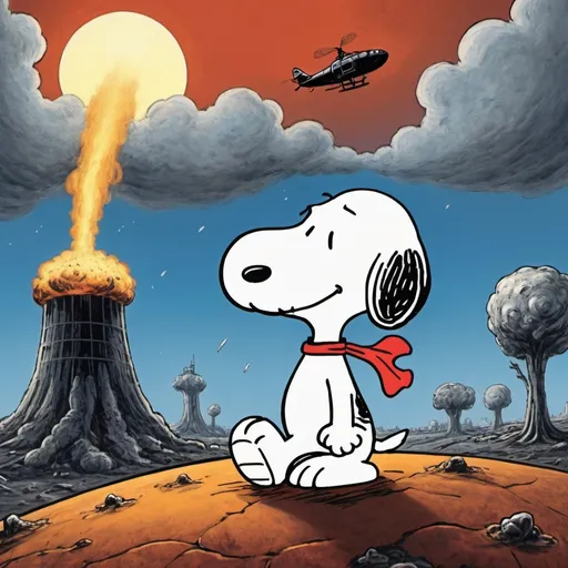 Prompt: Snoopy Saves The World, post-nuclear-age-apocalyptic-science-fiction, surreal-hallucination style book cover