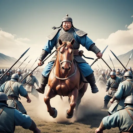 Prompt: Giant Mongol Warrior fighting against tiny NATO enemy army, extra wide angle field of view, propaganda poster style art