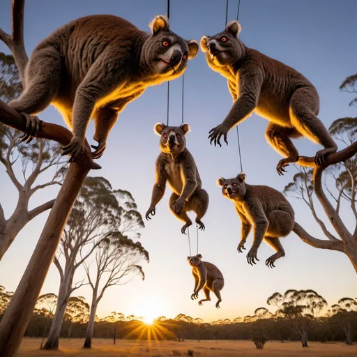 Prompt: australian drop bear monsters, golden hour outdoor overhead lighting, extra wide angle view, infinity vanishing point