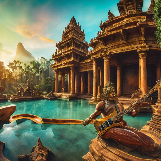 Prompt: wide view of an ancient patina bronze bodybuilding vishnu band playing guitars at an exotic temple, tropical jungle background, galaxy sky, infinity vanishing point