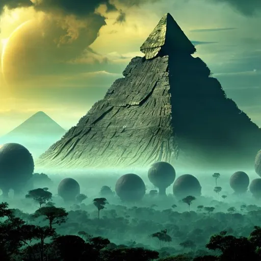 Prompt: wide panorama view, xenomorph pyramid, set in Belize rain forest jungle, nuclear blast background