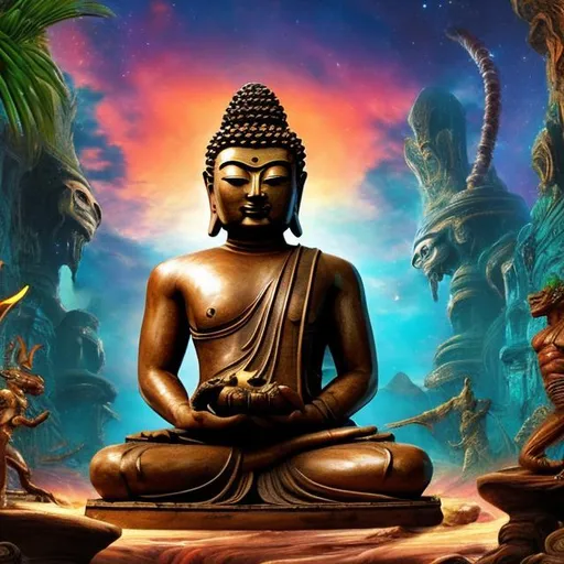 Prompt: widescreen image of an ancient patina bronze bodybuilding buddha playing guitar in front of an exotic alien temple, tropical jungle background, galaxy sky, infinity vanishing point