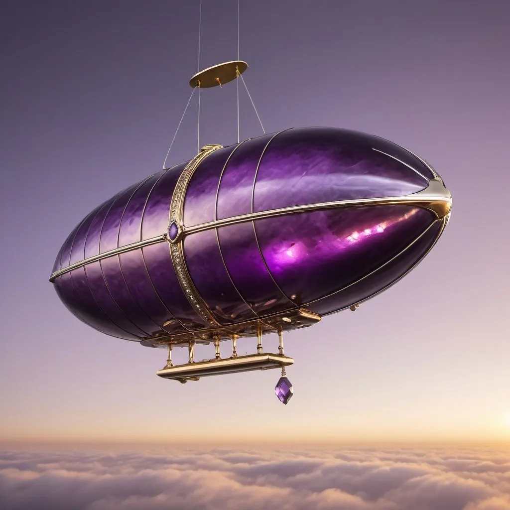 Prompt: giant amethyst chrome zeppelin in flight, golden hour overhead lighting, extra wide angle view, infinity vanishing point