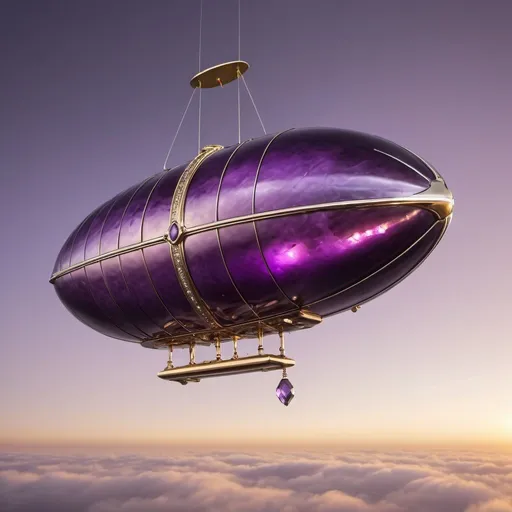 Prompt: giant amethyst chrome zeppelin in flight, golden hour overhead lighting, extra wide angle view, infinity vanishing point