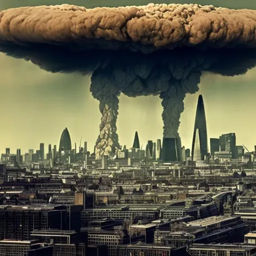 Prompt: london skyline, nuclear test blast background