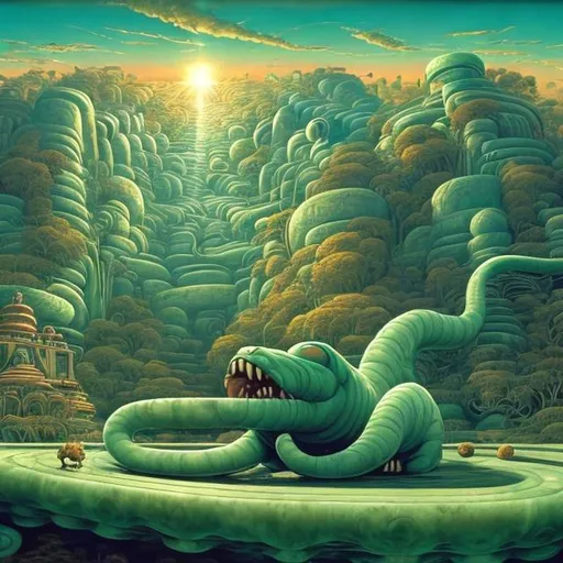 Prompt: widescreen view, infinity vanishing point, giant jade statue of a giant cat playing guitar, in the style of Jacek Yerka