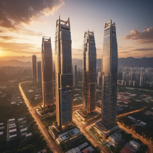 Prompt: future city of pelinggih meru style mega skyscrapers, overhead golden hour lighting, extra wide angle view, infinity vanishing point