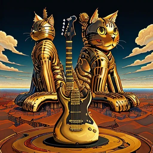 Prompt: giant rust streaked gold metal statue of a giant cat playing guitar, in the style of Jacek Yerka, widescreen view, infinity vanishing point