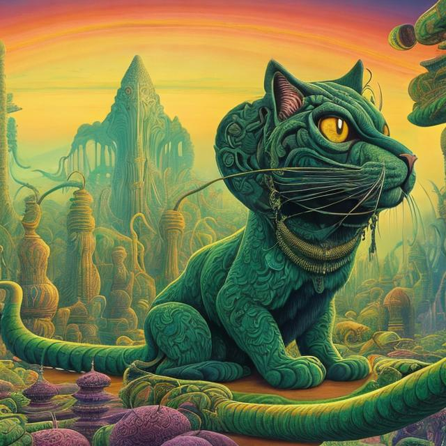 Prompt: panorama widescreen view of a giant emerald cat playing a sitar, infinity vanishing point, in the style of Jacek Yerka