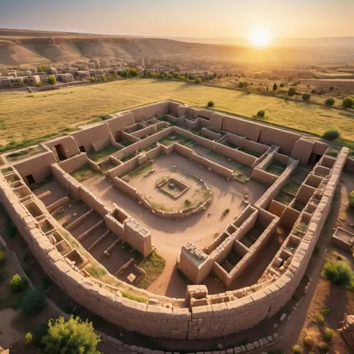 Prompt: ancient city of Göbekli Tepe and lush gardens, overhead golden hour lighting, extra wide angle field of view, infinity vanishing point