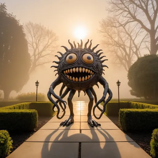 Prompt: giant guilty beholder creature statue garden, overhead golden hour lighting, foggy wide angle view, infinity vanishing point