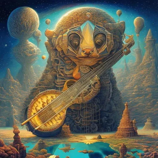 Prompt: giant diamond cat playing a sitar, widescreen view, infinity vanishing point, in the style of Jacek Yerka
