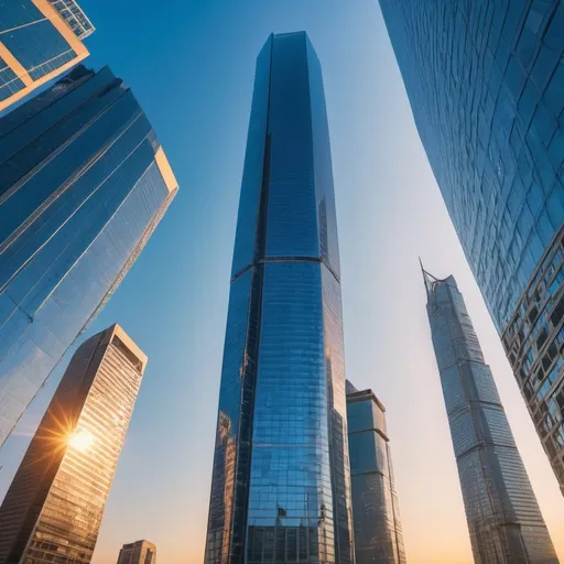 Prompt: city skyline of sapphire blue glass mega skyscrapers, overhead golden hour lighting, extra wide angle view, infinity vanishing point