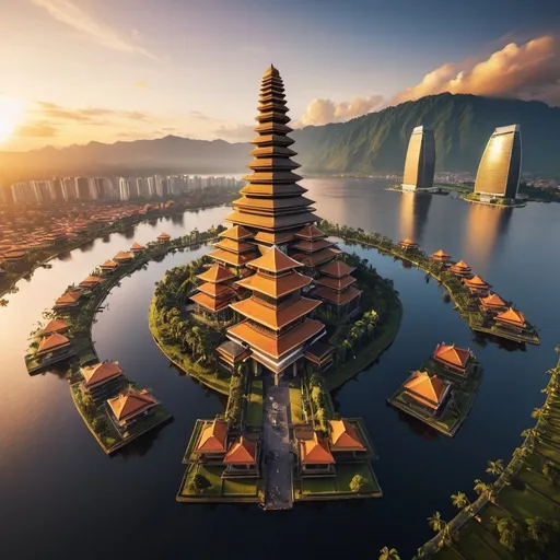 Prompt: future city of Pura Ulun Danu Bratanu style mega skyscrapers, overhead golden hour lighting, extra wide angle view, infinity vanishing point