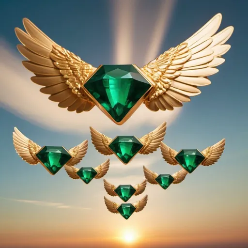 Prompt: seven giant emerald eyes on a winged ribbon in flight, golden hour overhead lighting, extra wide angle view, infinity vanishing point