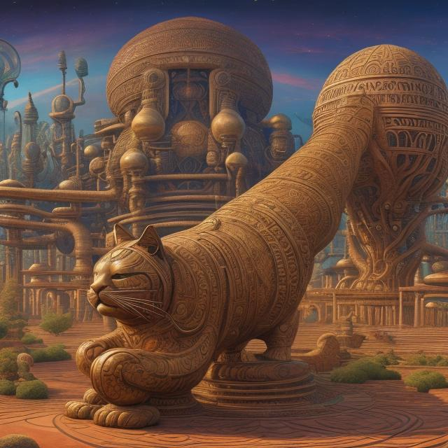 Prompt: panorama widescreen view of a giant bronze cat playing a sitar, infinity vanishing point, in the style of Jacek Yerka