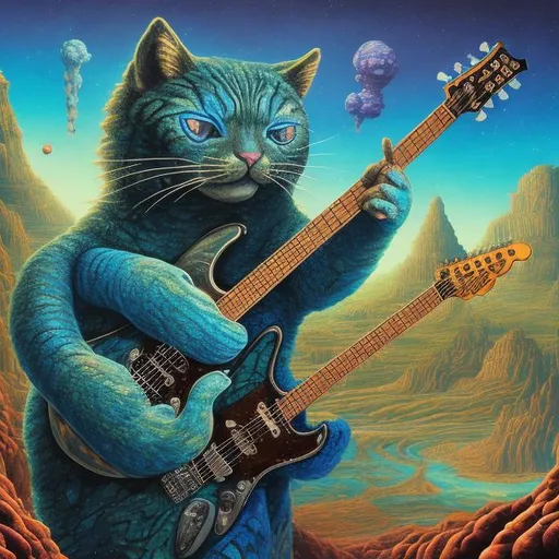 Prompt: giant Azurite cat playing a guitar, widescreen view, infinity vanishing point, in the style of Jacek Yerka