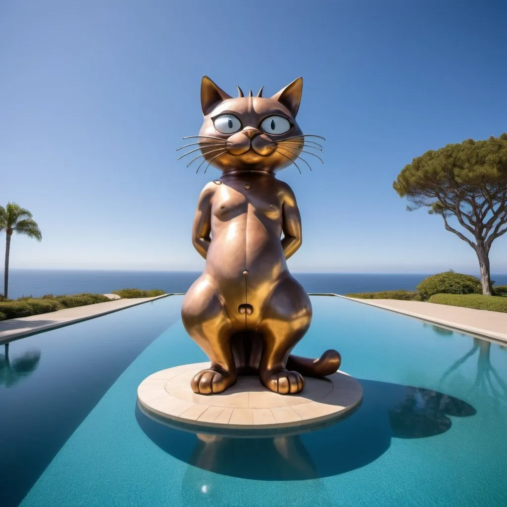 Prompt: giant metallic statue of Bill the cat from Bloom County, in a swimsuit, large wide infinity ocean infinity pool, wide angle view, 25 degree offset, infinity vanishing point