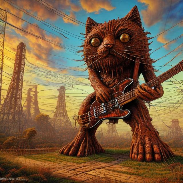 Prompt: giant rust streaked iron statue of a giant cat playing guitar, in the style of Jacek Yerka, widescreen view, infinity vanishing point