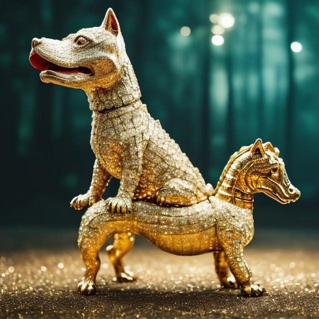 Prompt: Diamond encrusted pitbull terrier riding a gold alligator, surreal forest background