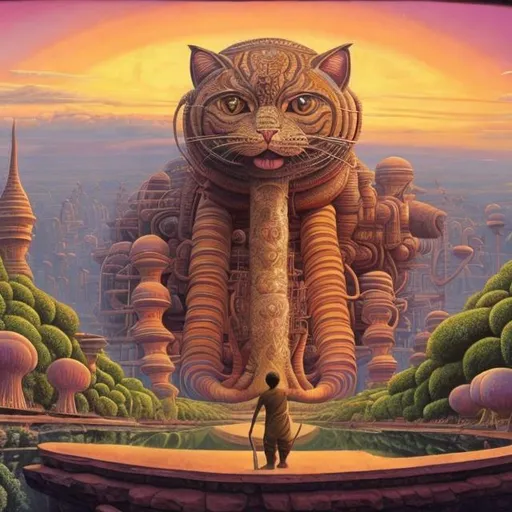 Prompt: panorama widescreen view of a giant cat playing a sitar, infinity vanishing point, in the style of Jacek Yerka