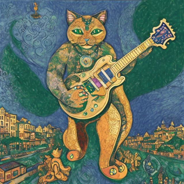 Prompt: ((((giant cat playing guitar) gold statue inlaid with emeralds) in the style of Chagall) wide perspective view) infinity vanishing point