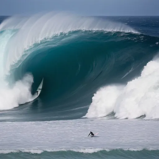 Prompt: biggest giant wave and a surfer in front