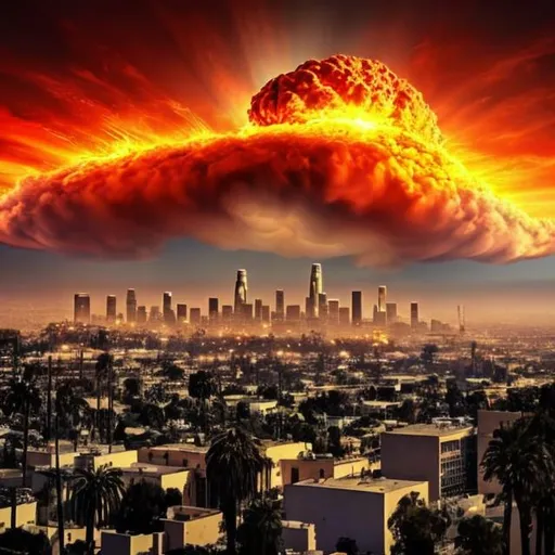 Prompt: los angeles skyline, nuclear blast cloud background