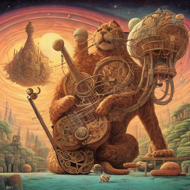 Prompt: giant cat playing a sitar, widescreen view, infinity vanishing point, in the style of Jacek Yerka