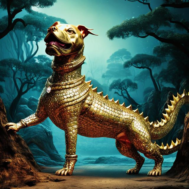 Prompt: Diamond encrusted pitbull terrier riding a giant golden alligator in a surreal forest background