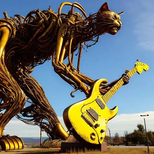 Prompt: giant rust streaked yellow metal statue of a giant cat playing guitar, in the style of Berkeley Breathed, widescreen view, infinity vanishing point