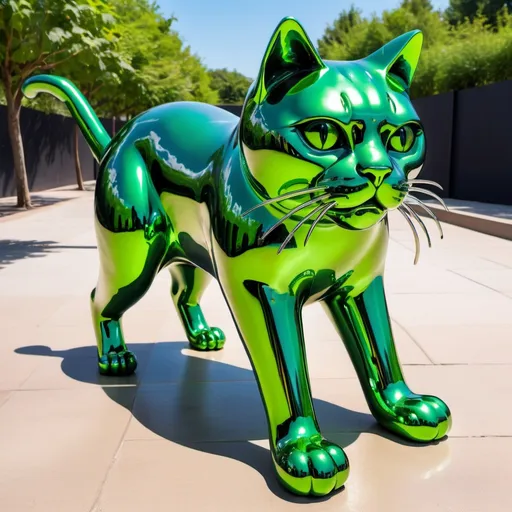 Prompt: giant green chrome cat statue scared of a cucumber, infinity vanishing point