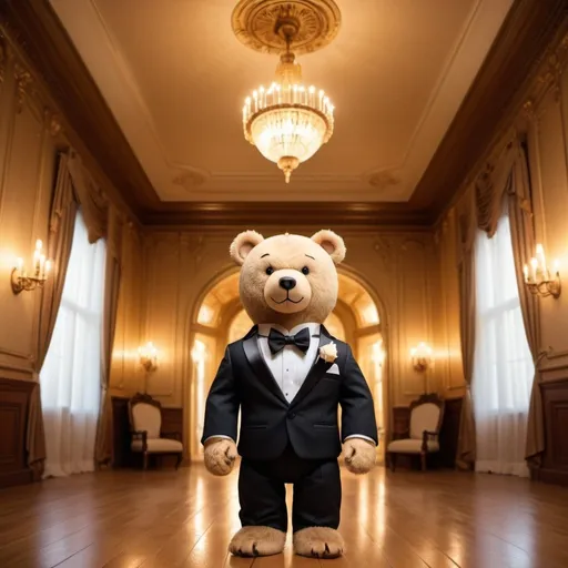 Prompt: dream date bear in a tuxedo, exotic mansion background, overhead golden lighting, wide angle view, infinity vanishing point
