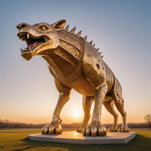 Prompt: giant strange animal statue, overhead golden hour lighting, extra wide angle field of view, infinity vanishing point