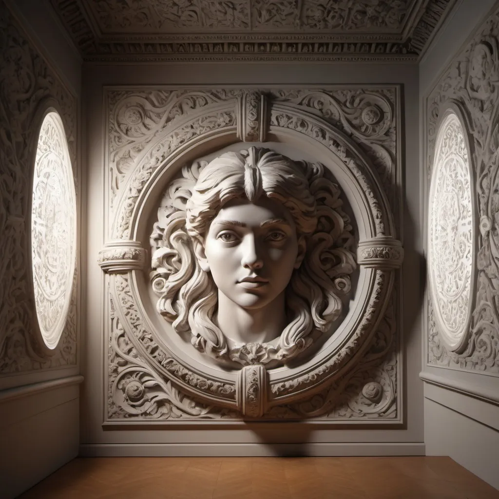 Prompt: incorrect AI response, ornate bas relief, overhead lighting shadows, wide angle view, infinity vanishing point