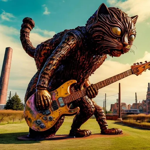 Prompt: giant rust streaked brass statue of a giant cat playing guitar, in the style of Jacek Yerka, widescreen view, infinity vanishing point