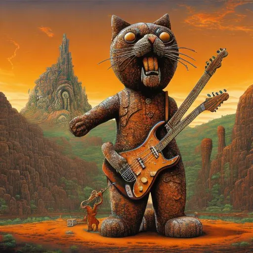 Prompt: giant rusty quartz statue of a giant cat playing guitar, in the style of Jacek Yerka, widescreen view, infinity vanishing point