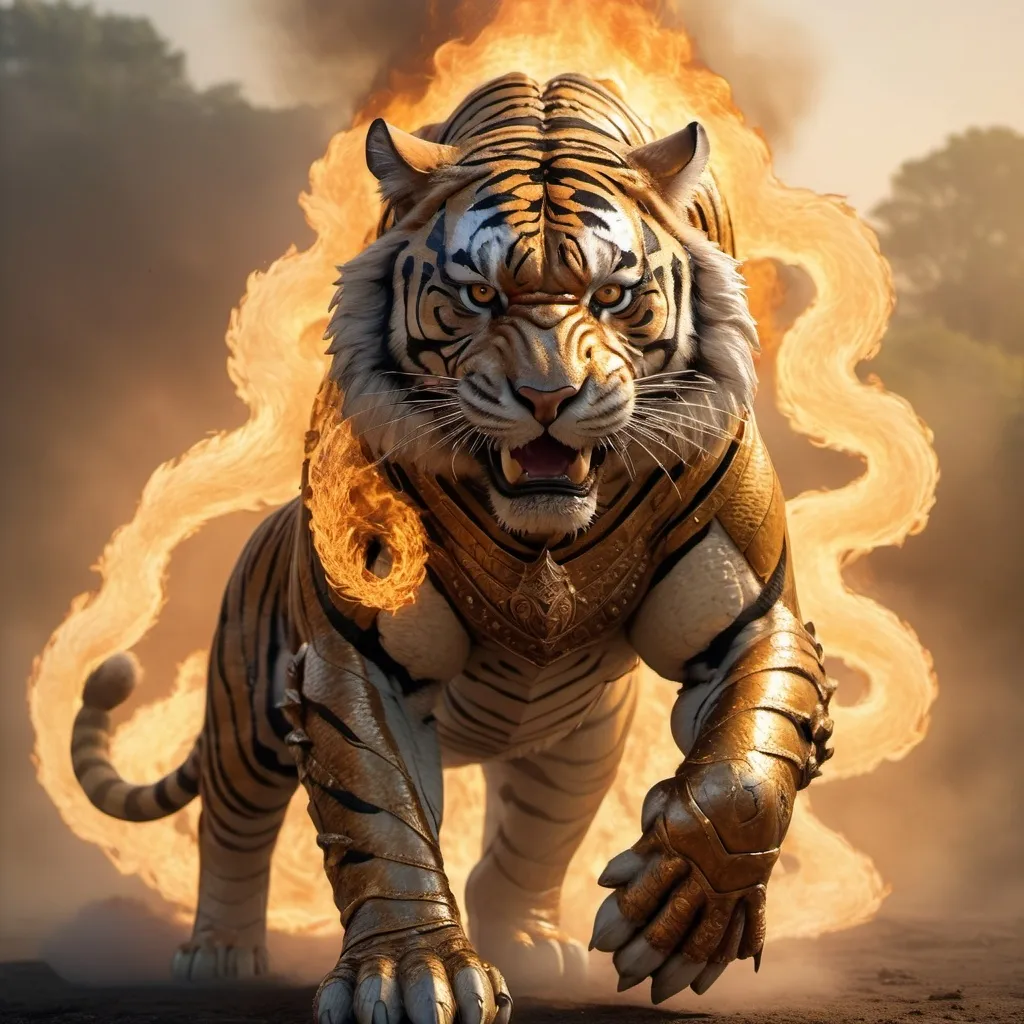 Prompt: Trump riding the biggest giant firebreathing armored tiger in the world, overhead golden hour lighting, foggy wide angle view, infinity vanishing point