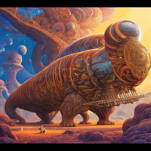 Prompt: panorama widescreen view of a giant sapphire cat playing a sitar, infinity vanishing point, in the style of Jacek Yerka