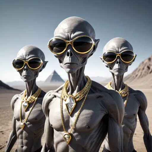 Prompt: grey aliens wearing gold necklaces and diamond sunglasses, an evil techno-planet in the background, 25 degree offset, wide angle perspective, infinity vanishing point