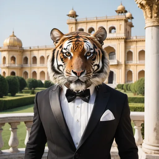 Prompt: tiger in a tuxedo, a palace in the background, wide point of view