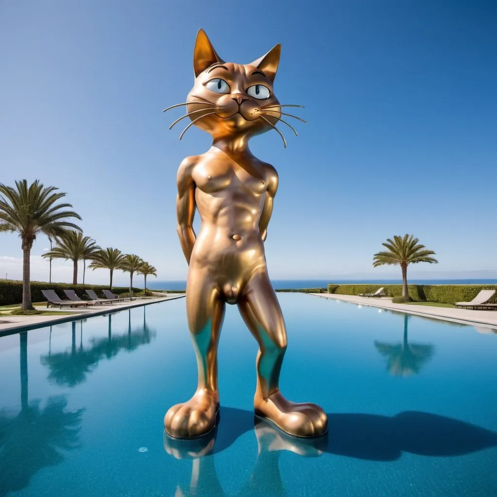 Prompt: giant metallic statue of Bill the cat from Bloom County, in a swimsuit, large wide ocean infinity pool, wide angle view, 25 degree offset, infinity vanishing point