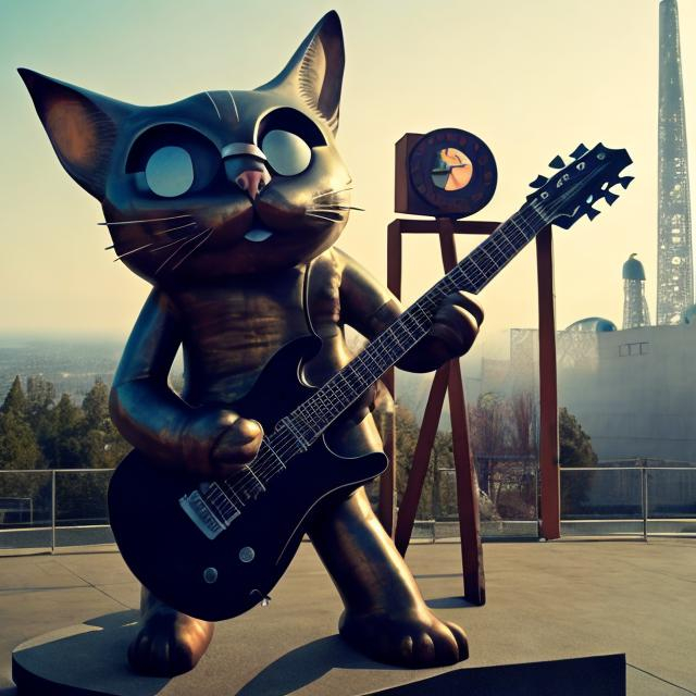 Prompt: giant metal statue of Bill the Cat playing guitar, in the style of Berkeley Breathed, widescreen view, infinity vanishing point