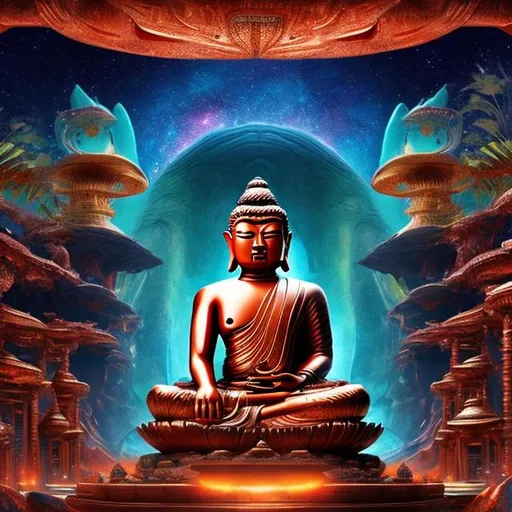 Prompt: widescreen letterbox style image of a copper bodybuilding buddha playing guitars in front of an exotic alien temple, tropical jungle background, galaxy sky, infinity vanishing point