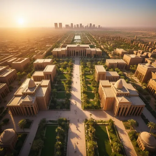 Prompt: ancient city of babylon and gardens, mega skyscrapers, overhead golden hour lighting, extra wide angle view, infinity vanishing point