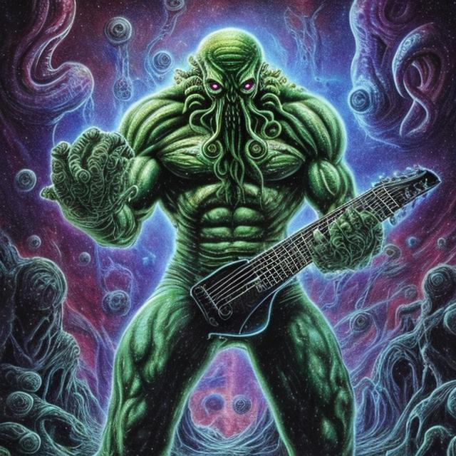 Prompt: bodybuilding Cthulhu playing guitar, infinity vanishing point, Pillars of Creation nebula background