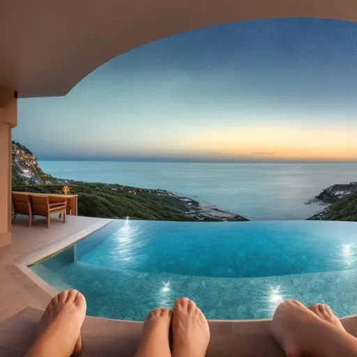 Prompt: panorama ocean view from cliffside infinity pool, starry night