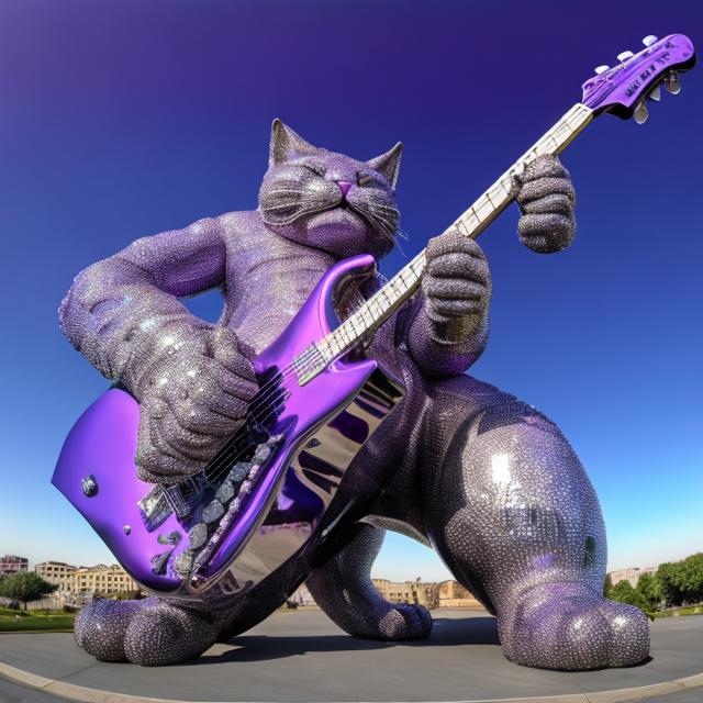 Prompt: ((((giant cat playing guitar) purple chrome statue inlaid with diamonds) in the style of Jeff Koons) wide perspective view) infinity vanishing point