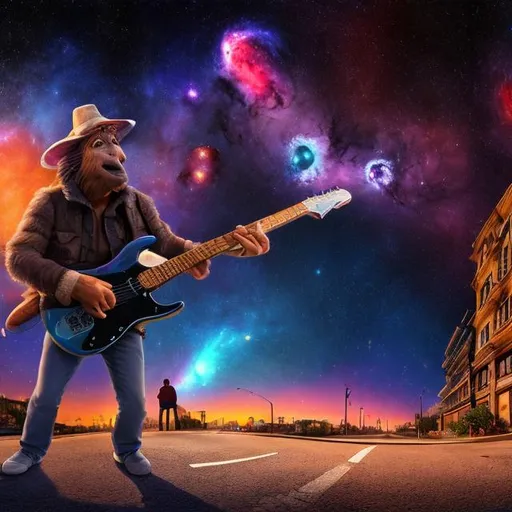 Prompt: panoramic view of a turkey playing guitar on the street corner, vanishing point perspective, galaxy and nebula background